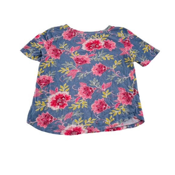 LOFT Womens Floral Print Short Sleeve Top Size Small Colorful Pink Blue Knit - Picture 5 of 5
